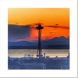 Gorgeous sunset in Seattle, with the Space Needle in the foreground Posters and Art